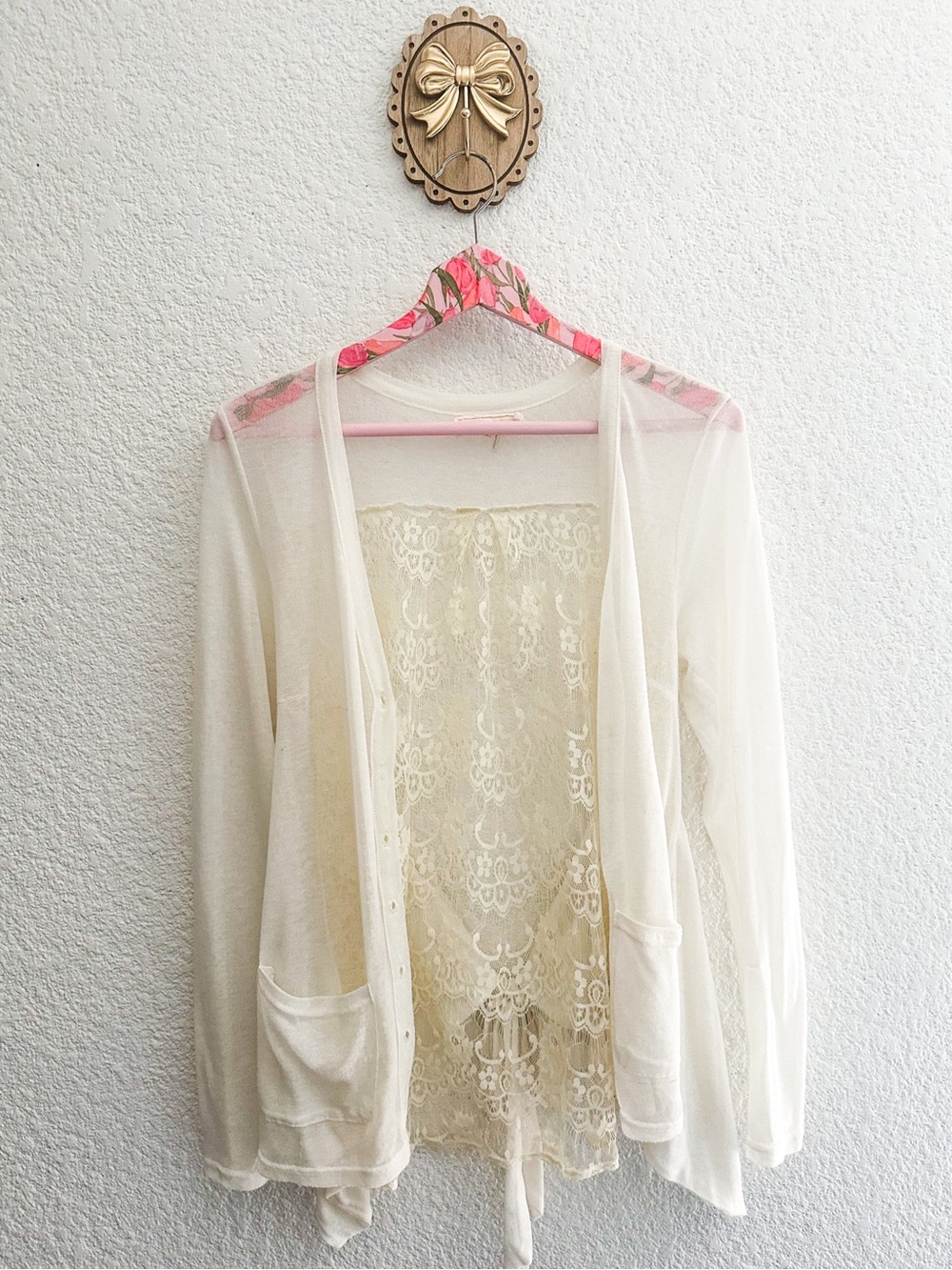 A'Reve Sheer Lace-Back Cardigan - Cream
